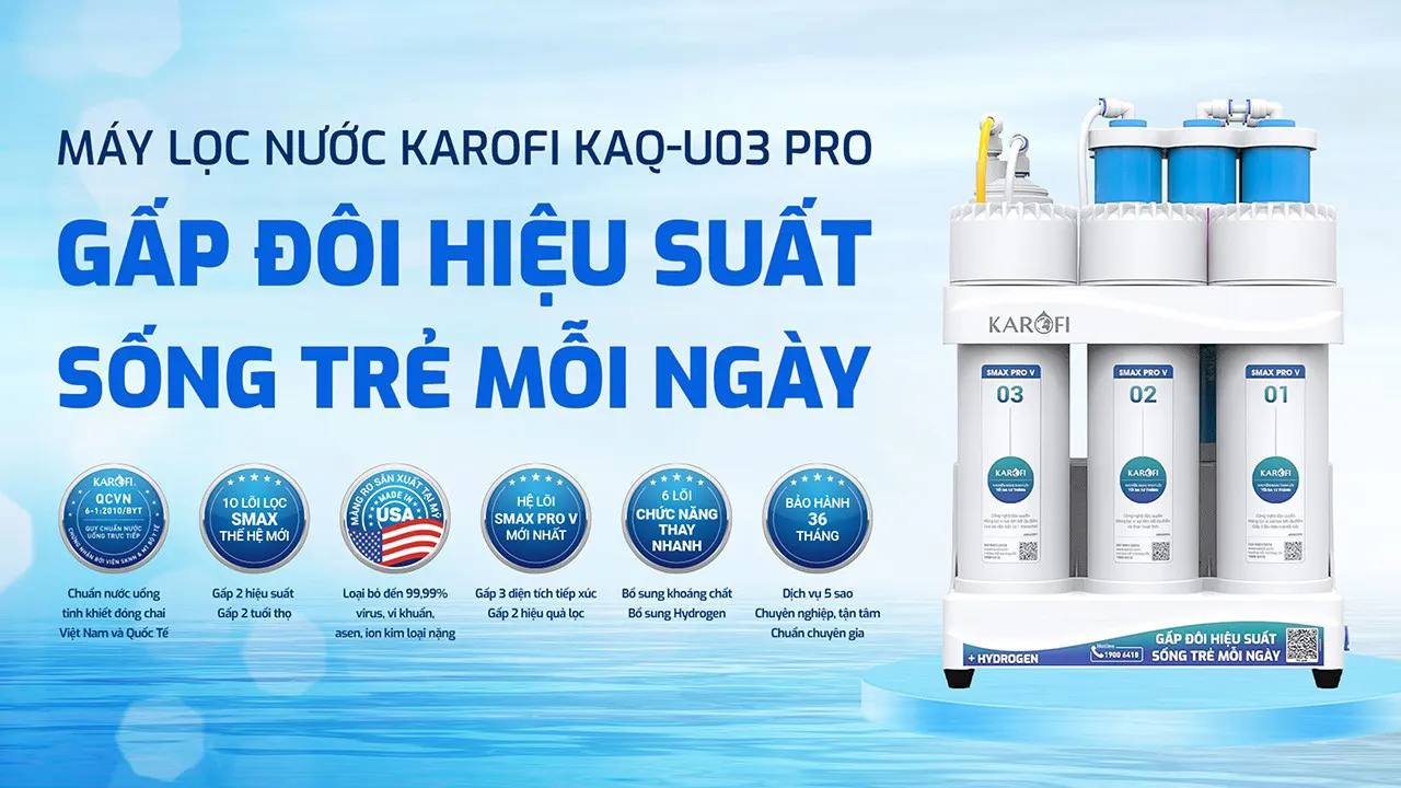 Máy lọc nước hydrogen ion kiềm Karofi KAQ-U03 PRO + HYDRO-iON KIỀM - 11 lõi