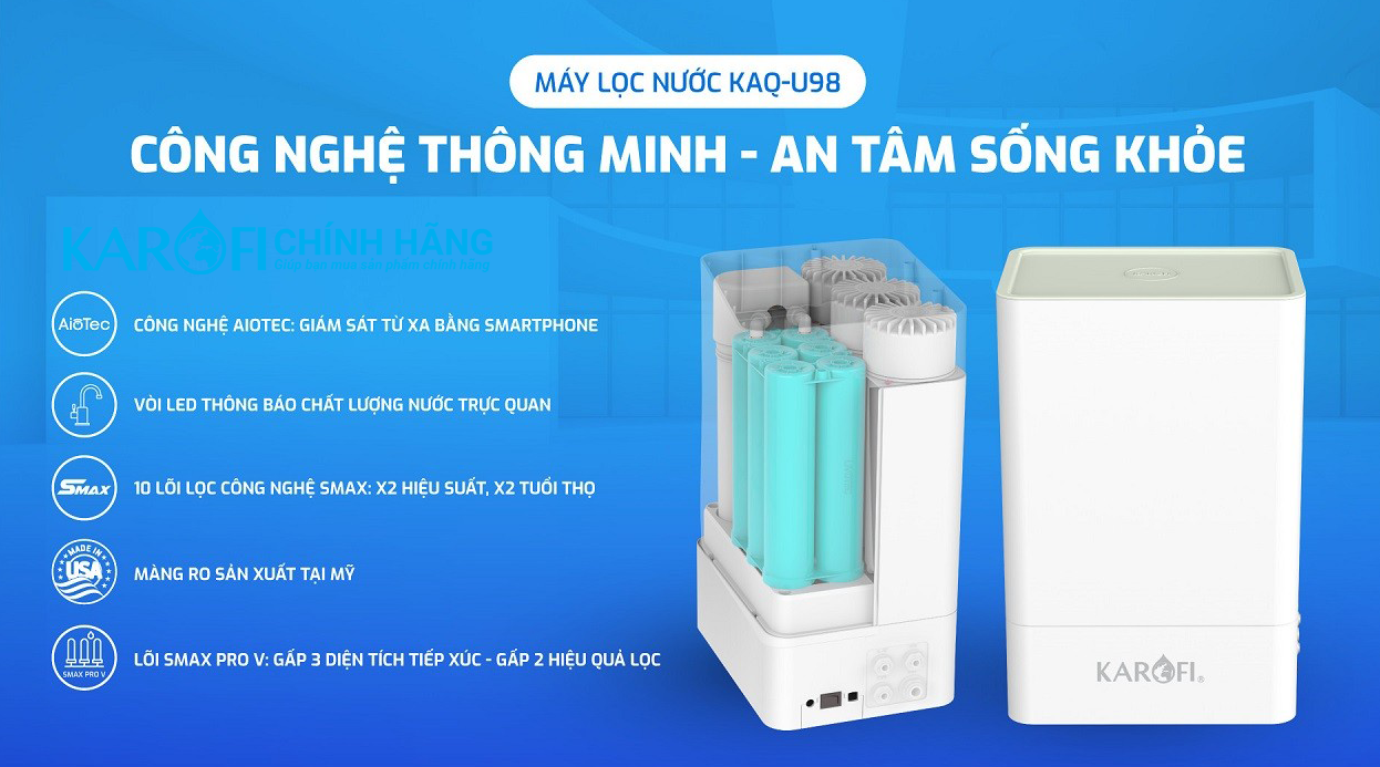 Máy lọc nước hydrogen ion kiềm Karofi KAQ-U98 + HYDRO-iON KIỀM - 11 lõi