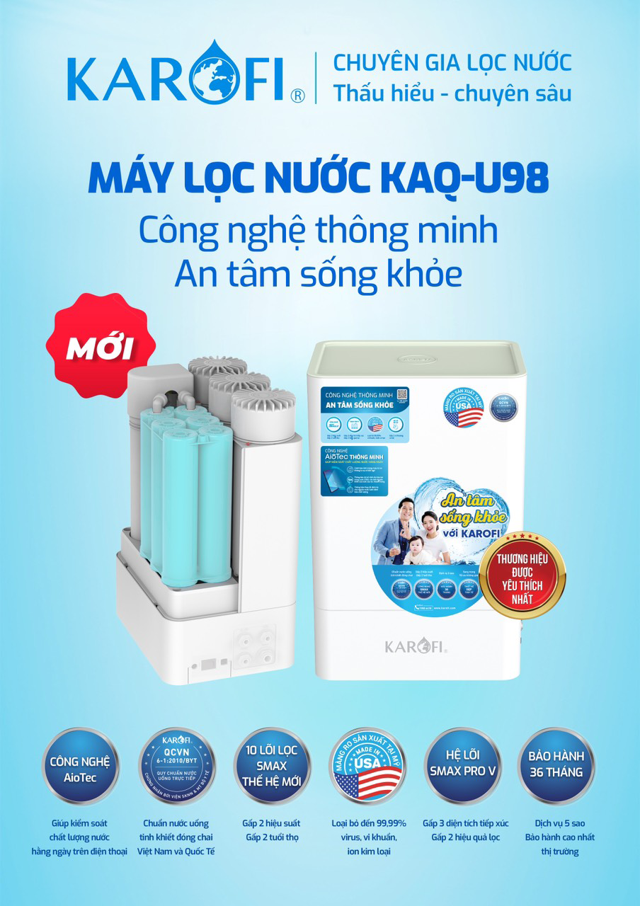 Máy lọc nước hydrogen ion kiềm Karofi KAQ-U98 + HYDRO-iON KIỀM - 11 lõi
