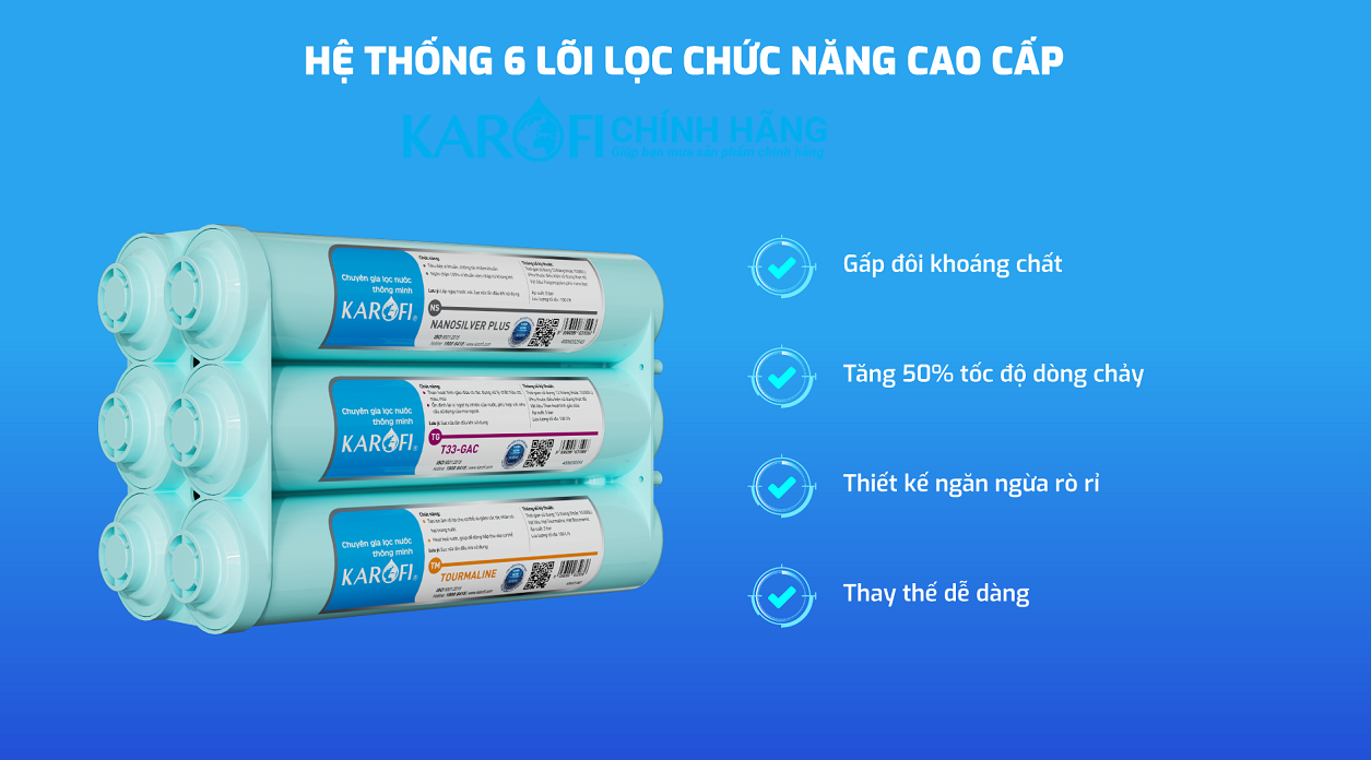 Máy lọc nước hydrogen ion kiềm Karofi KAQ-U65 + HYDRO-iON KIỀM - 11 Lõi