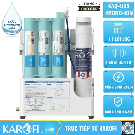 Máy lọc nước hydrogen ion kiềm Karofi KAQ-U95 + HYDRO-iON KIỀM - 11 lõi