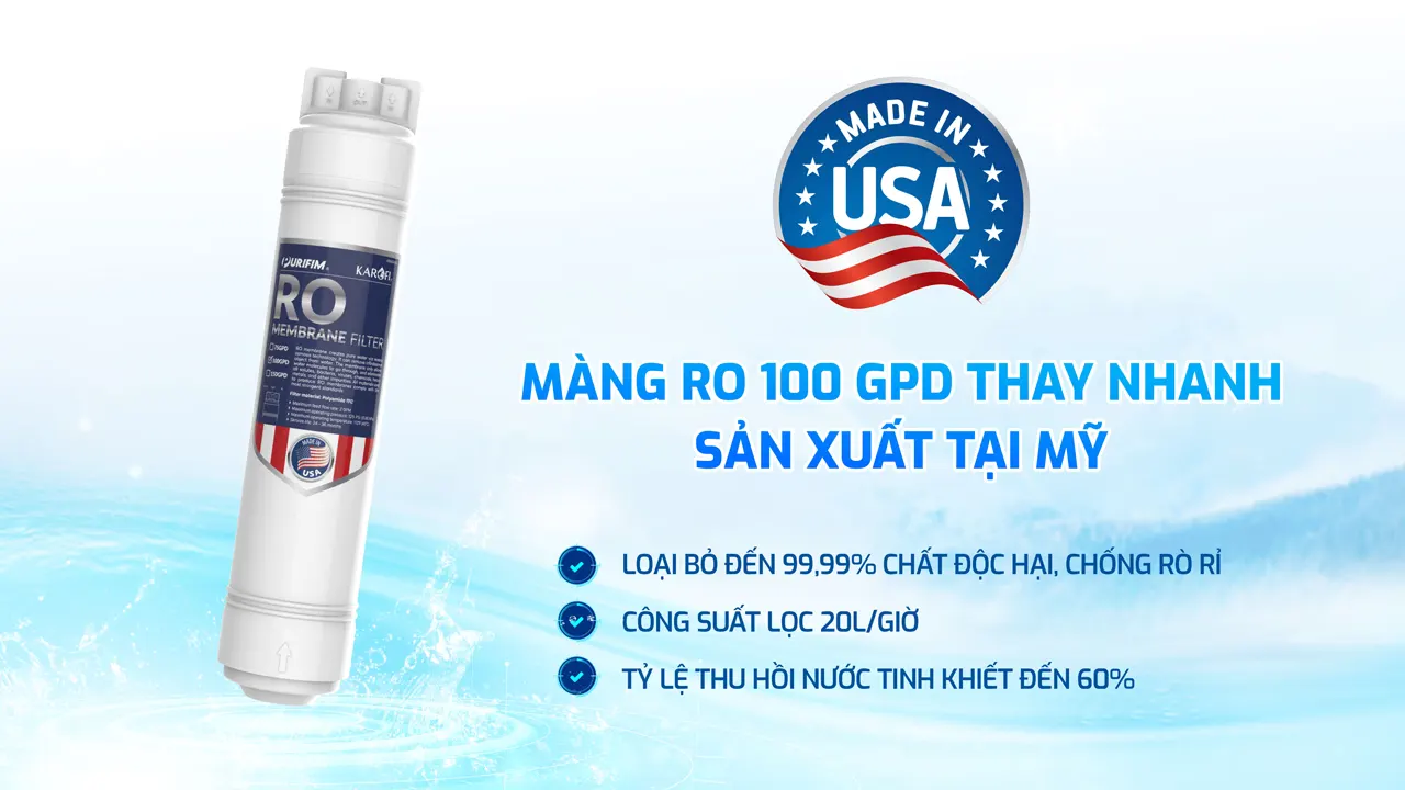 Màng lọc RO sản xuất ở Mỹ Máy lọc nước nóng lạnh Karofi KAD-D66S PRO