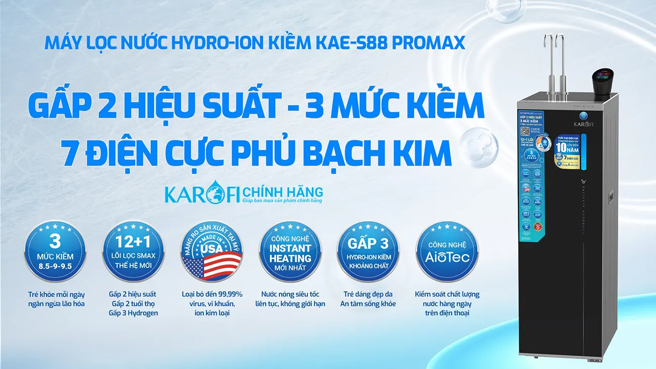 Máy lọc nước nóng lạnh Hydro-ion kiềm Karofi KAE-S88 PROMAX