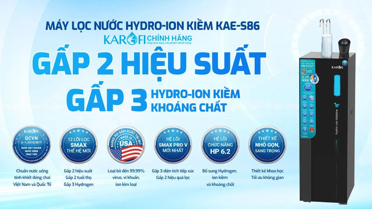 Máy lọc nước nóng lạnh Hydro-ion kiềm Karofi KAE-S86 