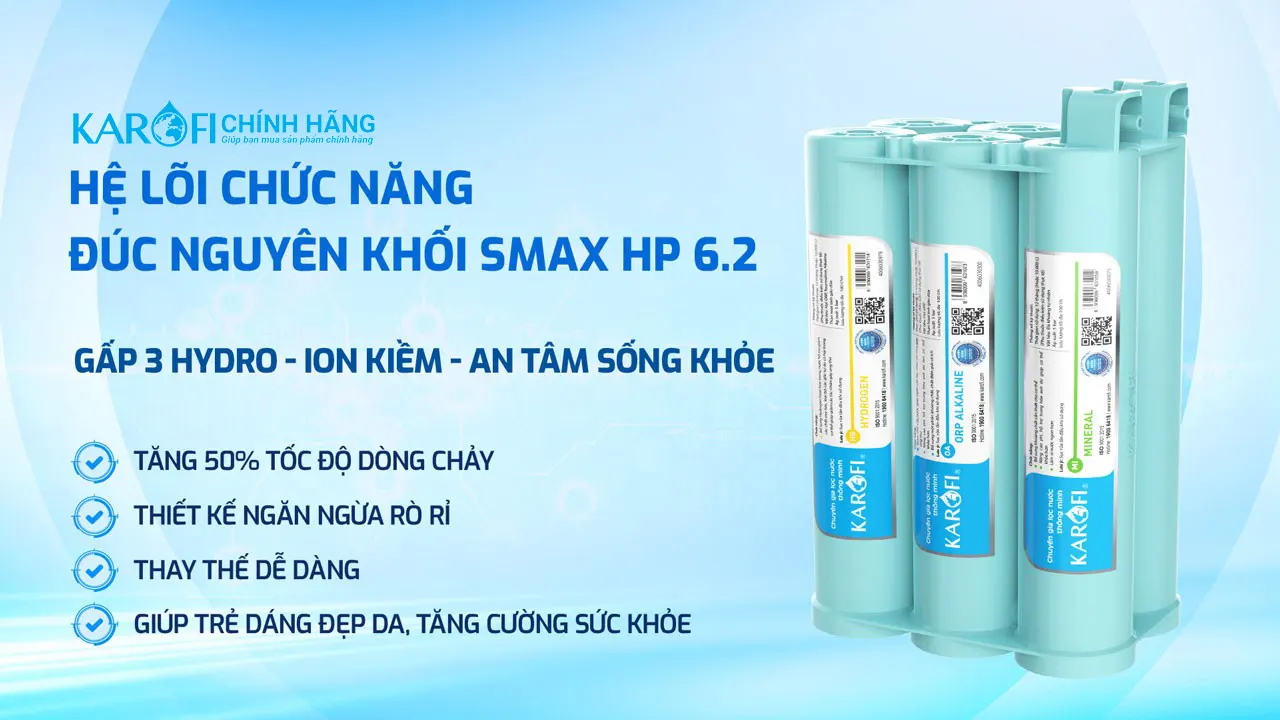 Máy lọc nước nóng lạnh Hydro-ion kiềm Karofi KAE-S86 cụm lõi HP6.2