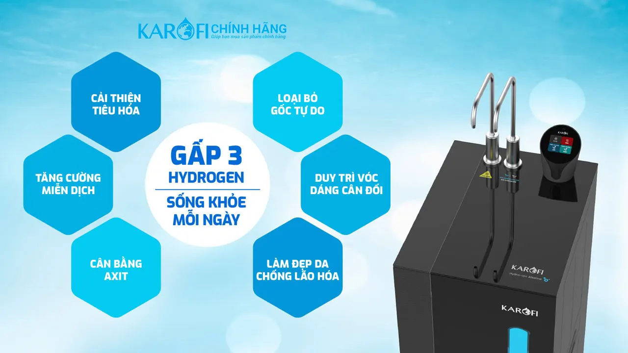 Máy lọc nước nóng lạnh Hydro-ion kiềm Karofi KAE-S86  Gấp 3 hydrogen