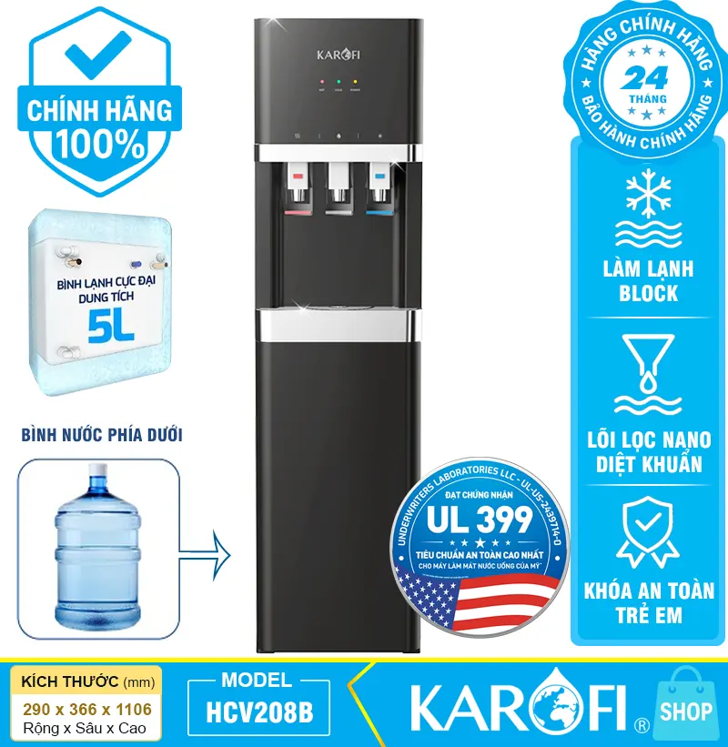 Cây nước nóng lạnh Karofi HCV208B, Bình lạnh 5 Lít, Mới 2025