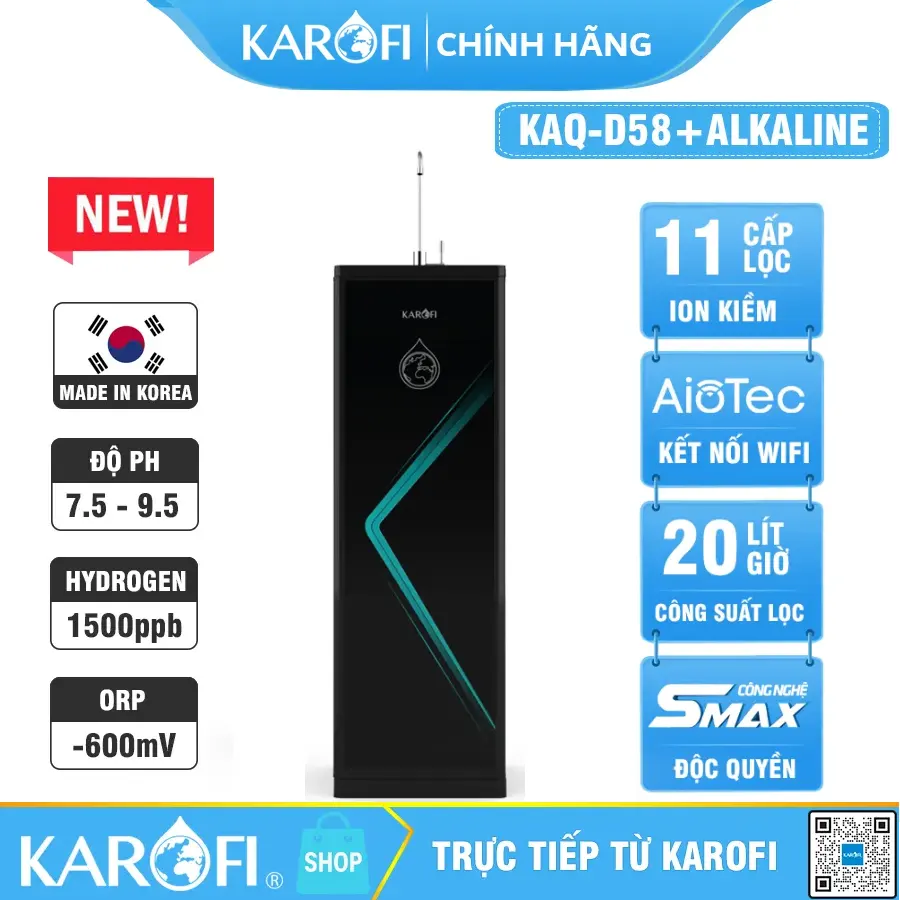 Máy lọc nước hydrogen ion kiềm Karofi KAQ-D58 + HYDRO-iON KIỀM - 11 Lõi