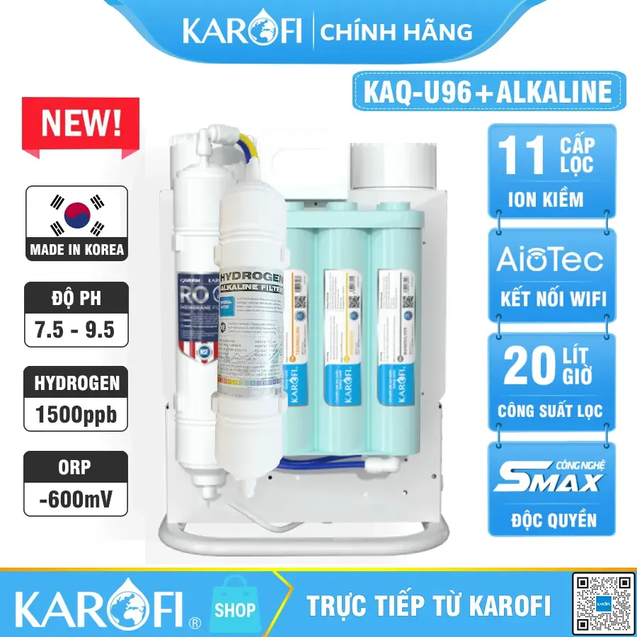 Máy lọc nước hydrogen ion kiềm Karofi KAQ-U96 + HYDRO-iON KIỀM - 11 lõi 