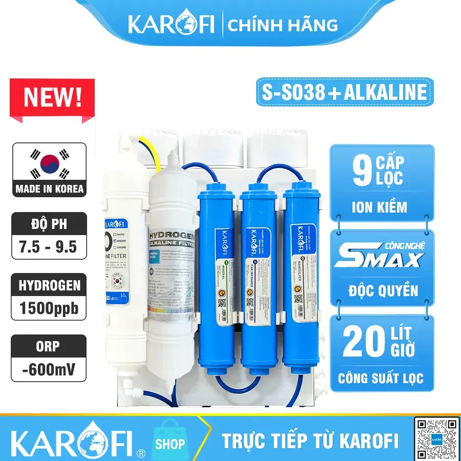 Máy lọc nước hydrogen ion kiềm Karofi S-S038 + HYDRO-iON KIỀM - 9 lõi