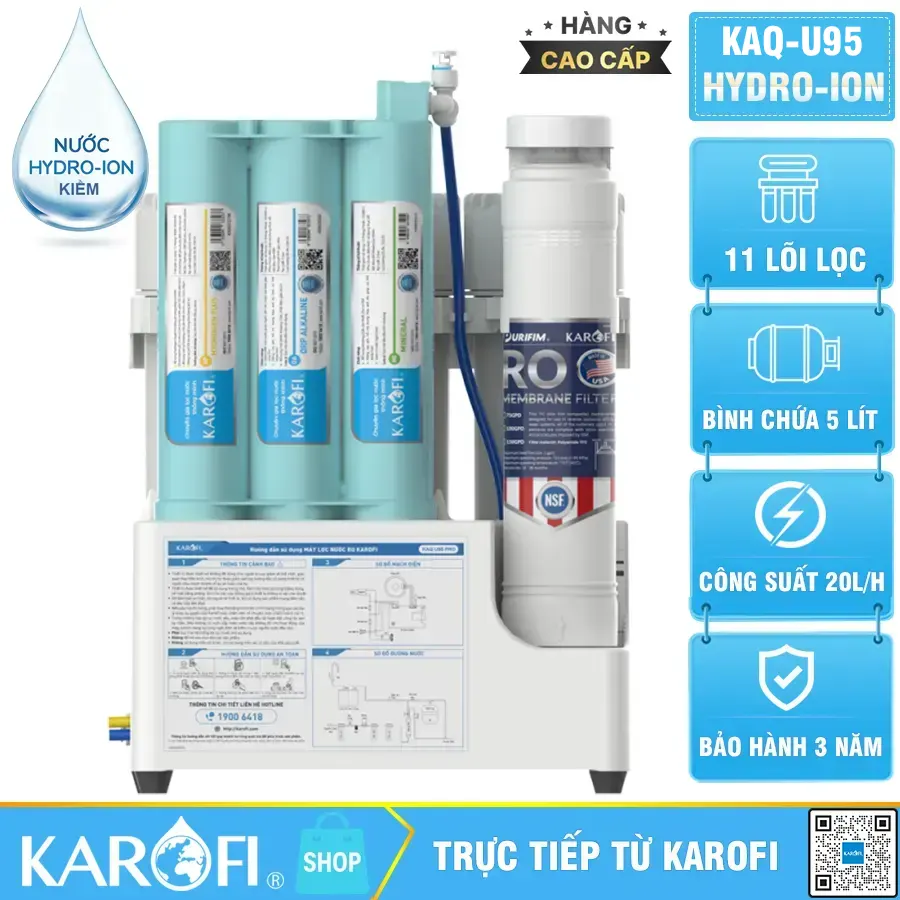 Máy lọc nước hydrogen ion kiềm Karofi KAQ-U95 + HYDRO-iON KIỀM - 11 lõi