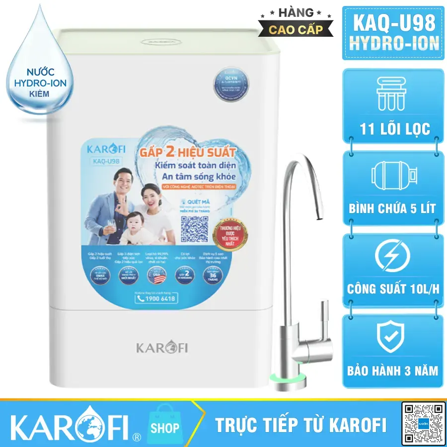 Máy lọc nước hydrogen ion kiềm Karofi KAQ-U98 + HYDRO-iON KIỀM - 11 lõi